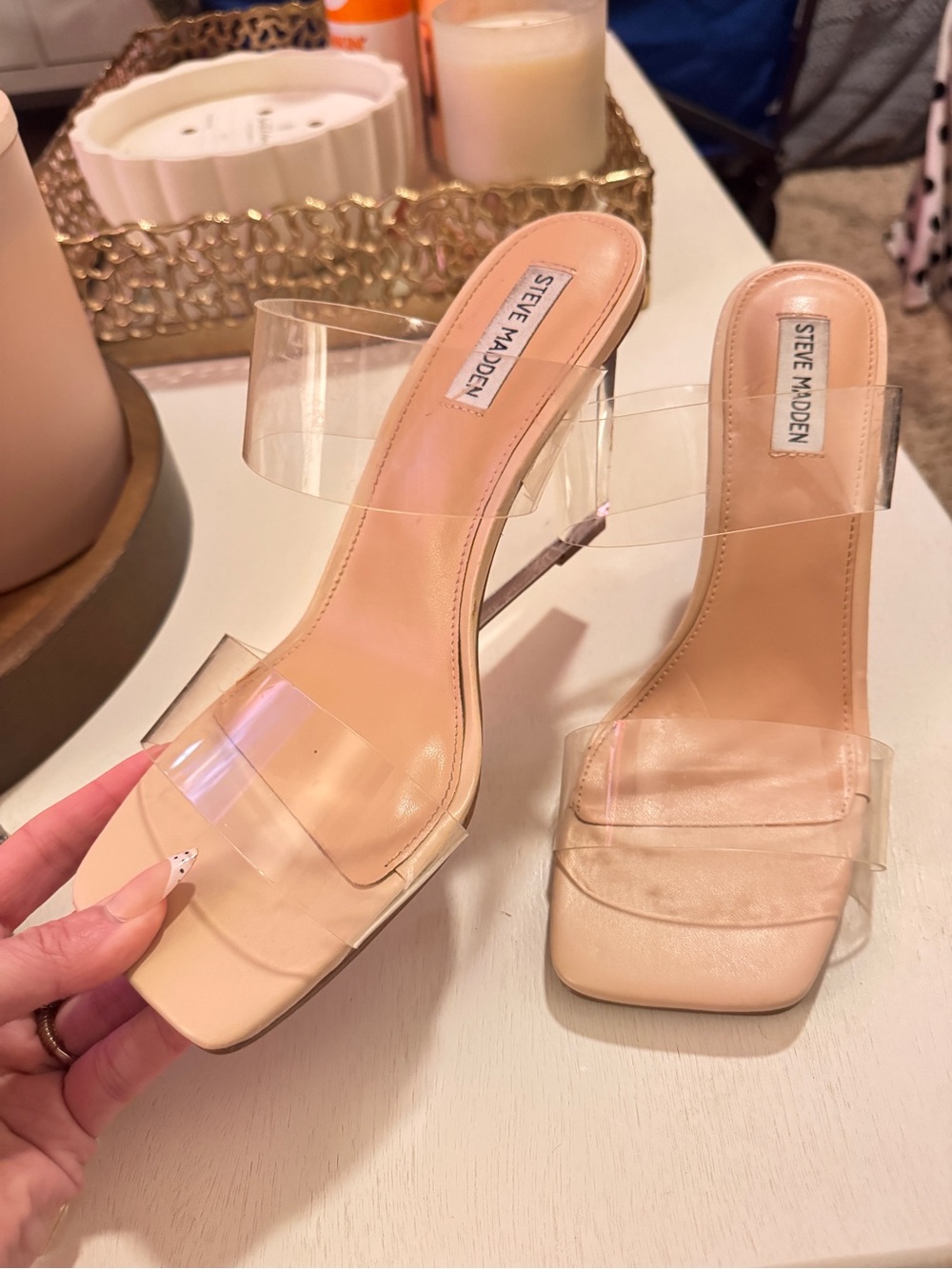 Steve Madden Nude Clear-Strap Square-Toe Heeled Mules